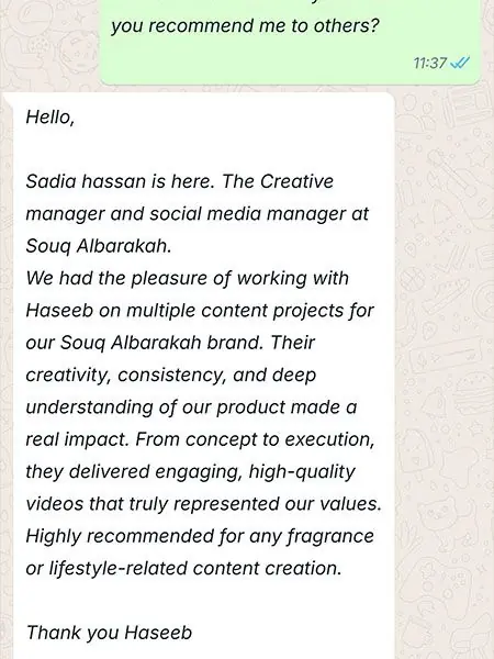 Client feedback from Souq Albarakah on WhatsApp