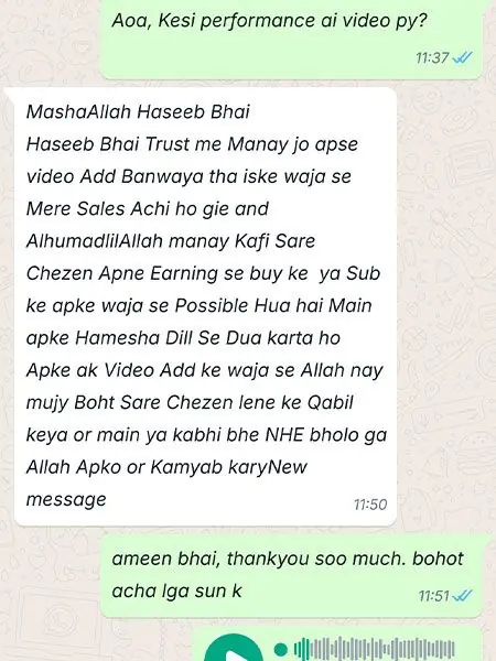 Client feedback from Zeeshan on WhatsApp
