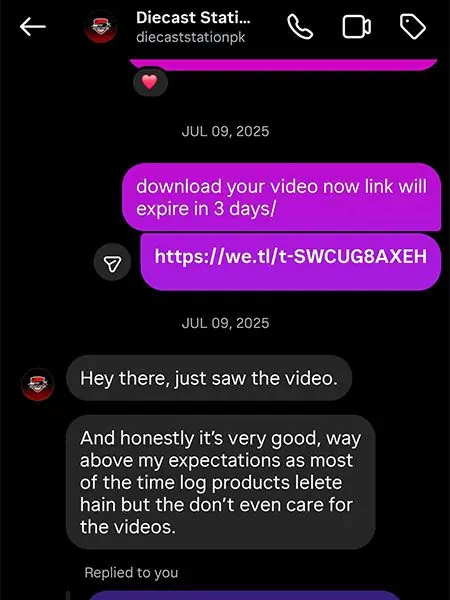 Client feedback from Diecast Station on Instagram