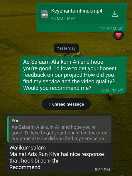 Client feedback from Keyphantom on WhatsApp